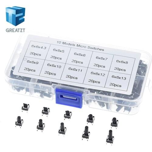 10 models 200pcs 6*6 Tact Switch Tactile Push Button Switch Kit, Height: 4.3MM~13MM DIP 4P micro switch 6x6 Key switch