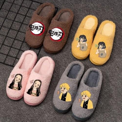 Anime Demon Slayer Women Shoes Warm Home Slippers Couple Plush Cotton Slipper Cosplay Cartoon Bedroom Anti-Slip Slides Footwear