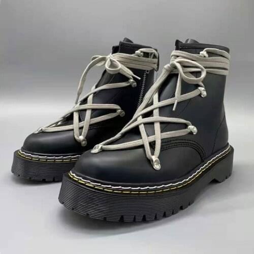 Women High-top Ankle Boots Vintage Women Lace-up Zip Flat Black Shoes Genuine Leather Female Botas 42#45D50