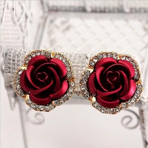 Rose Flower Stud Earrings for Women Fashion Blue Black Round Bouquet Crystal Wedding Flower Rhinestone Jewelry Earring Gift