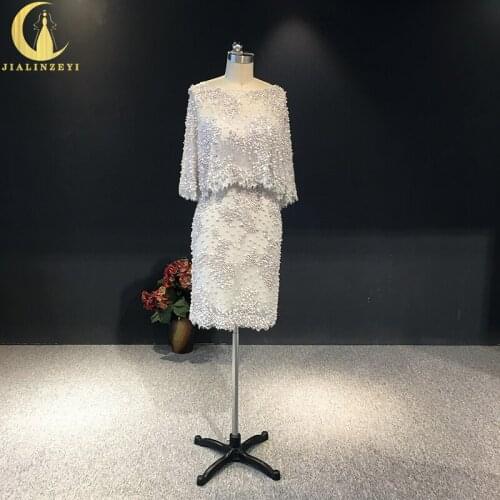 JIALINZEYI Real Sexy Two pieces Sliver Gray Lace with Pearls Crystal Knee Length Hot Sale Formal Dresses Prom Dresses