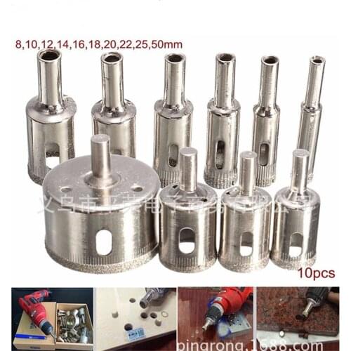 10pcs Diamond Coated Drill Bit Set Tile Marble Glass Ceramic Hole Saw Drilling Bits For Power Tools 8mm-25mm-50mm
