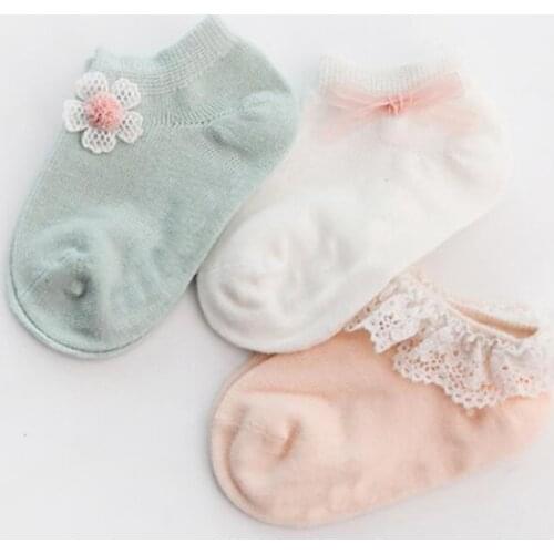 3 Pair new non-slip newborn baby socks autumn and winter cotton childrens floor boat socks lace foot sock
