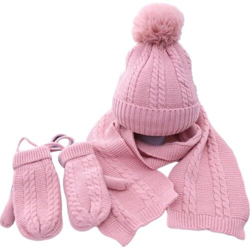 3Pcs Kids Winter Beanie Hat Long Scarf Gloves Set Cable Knit Pompom Skull Cap Y1AC