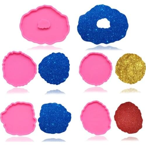 5Types Pink Crystal Epoxy Mold Irregular Wave Coaster Making Resin Casting Crafts DIY Silicone Mold for Wine Coaster Family Part
