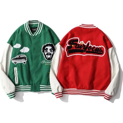 Hip Hop Baseball Jacket Men Cartoon Letter Old Man Head Embroidery Harakuju Patchwork PU Sleeve Varsity Bomber Coats Unisex 2021
