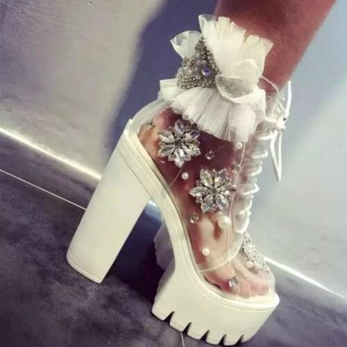 Newest Transparent PVC Women Lace Patchwork Ankle Boots Super High Platform Ladies Luxury Crystal Chunky Heel Lace Up Boots