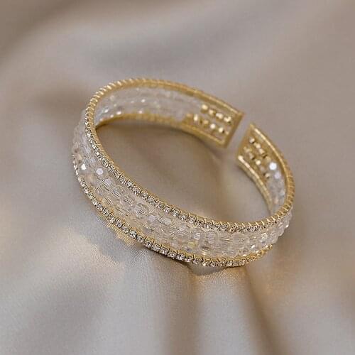 Origin Summer Chic White Crystal Cuff Bangle for Women Shinning Rhinestone Gold Color Beads Wide Chunky Bangles Birthday Gift