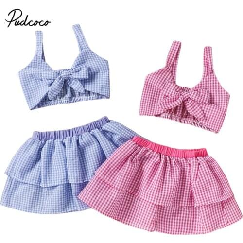 2 Pieces Kids Plaid Suit Set, Girls Plaid V-Neck Sleeveless Crop Tops Vest+ Short Skirt for Summer, Pink/Blue, 6 Months-3 Years
