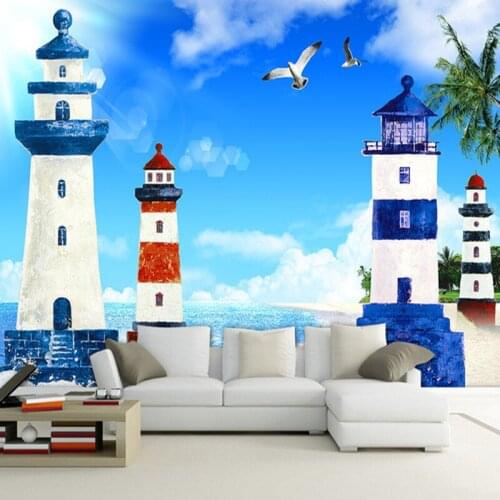 Mediterranean Style 3D Cartoon Lighthouse Sea Landscape Photo Mural Wallpaper Living Room Kids Room Non-Woven Wallpaper Fresco