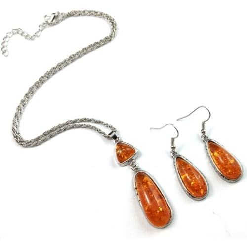 FYSL Silver Plated Water Drop Yellow and Green Ambers Pendant Dangle Earrings for Women Trendy Jewelry Set