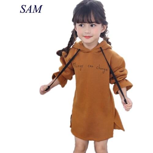 Girls plus cashmere sweater dresses 2020 new autumn and winter big child hooded jacket dresses childrens letter casual clothes