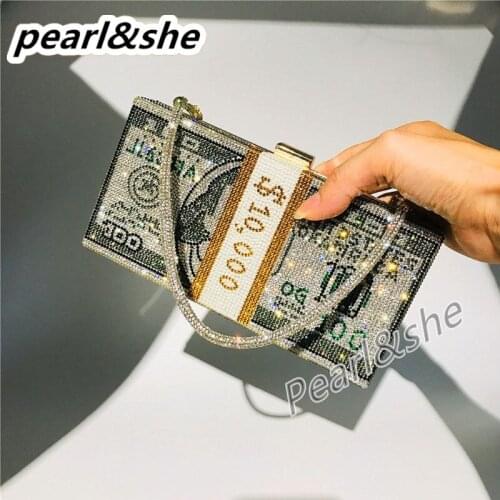 Money Clutch Rhinestone Purse 10000 Dollars Stack of Cash Evening Handbags Shoulder Wedding Dinner Bag 8 Color