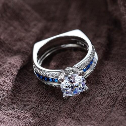 Luxury Female Natural Blue Sapphire Ring 100% Real 925 Sterling Silver Wedding Rings For Women Luxury Big Round Engagement Ring