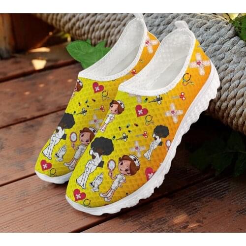 ELVISWORDS Hot Women Breathable Air Mesh Sneakers Gradient African Cartoon Nurse Girls Pattern Ladies Flat Shoes Slip-on Loafers