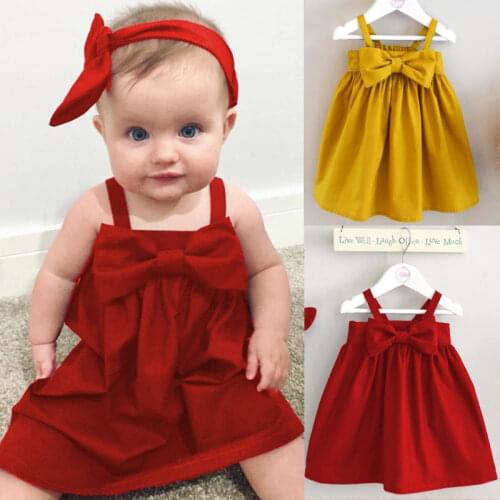 Baby Girls Summer Sundress Toddler Bowknot Short Mini Vest Dress Kids Cotton Casual Dresses Cute Girl Outfit Red&Yellow