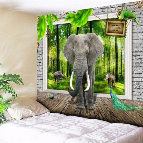 3D Elephant Wall Tapestry Hanging Hippie Tapestry Blanket Green Forest Sunlight Home Decor Wooden Floor Boho Decor Wall Cloth