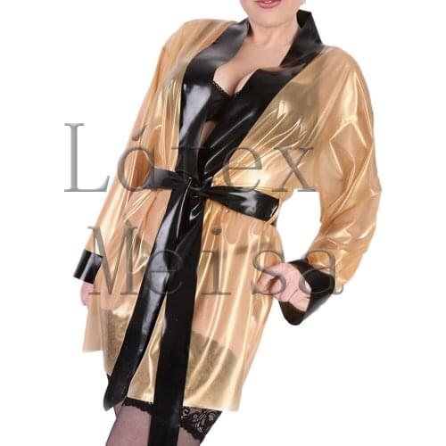 Novelty sexy kimono womens 0.3mm thickness natural exotic latex bathrobe in transparent and decorative with black trim colors