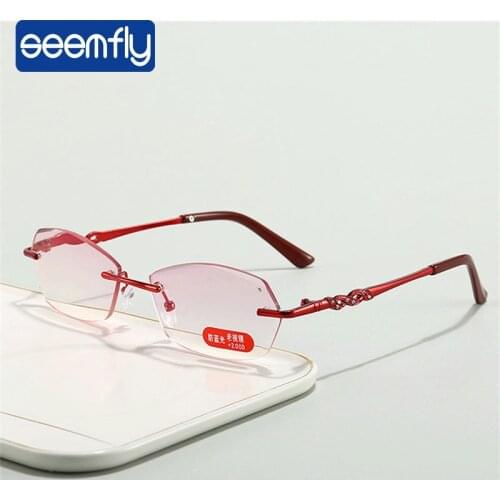 Seemfly Irregular Diamond Trimmed presbyopic Reading Glasses Women Metal Anti Blue Ray Far Sighted Eyewear With +1.0 to +4.0