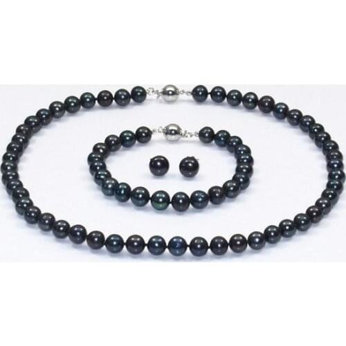 Handmade Real Pearl Jewelry Set AA 9-10MM Round Freshwater Pearl Necklace Bracelet Earrings Charming Woman Gift