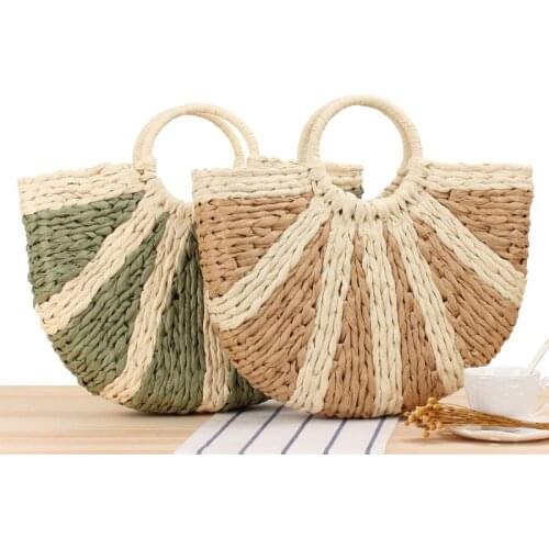 Casual rattan half moon women handbags wicker woven striped hand bag summer beach straw bag large capacity tote big basket purse
