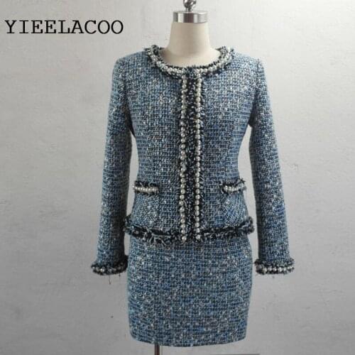 Blue tweed jacket +skirts suits beaded Elegant spring / autumn new advanced customization Heavy jacket coat / shorts suit