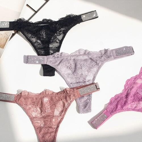 European Style Sexy Thong Womens Diamond Underwear Sexy Lace Panties Low Waist Seamless Transparent G-String Female Lingerie