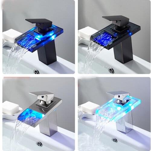 Hot Sale Luminous Waterfall Faucet Led Light Bathroom Cabinet Wash Hand Bathroom Counter Basin Hot and Cold Water Faucet