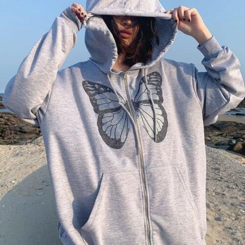 90s Women Diamond Grey Long Jacket Hoodie Y2K Fashion Oversized Butterfly Graphic Rhinestone Sweatshirt Zip Up Hoodie Streetwear
