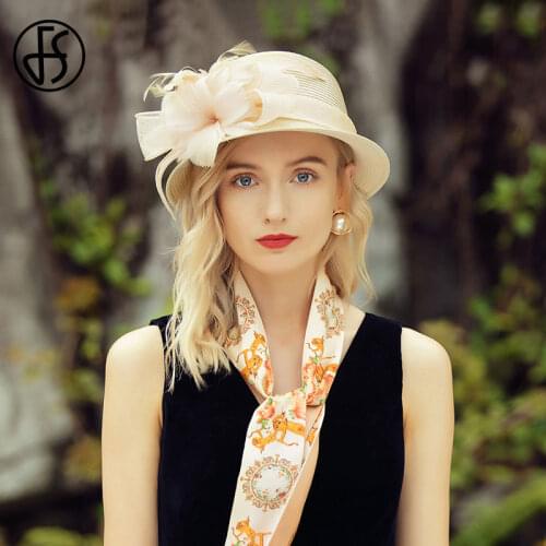 FS Fascinators Beige Straw Hat Women Wide Brim Sun Hats For Beach Wide Brim Fedora With Flower Vintage Ladies Church Derby Hats
