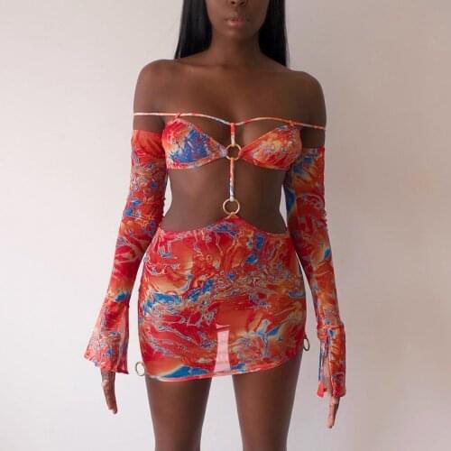BKLD Dresses For Women 2021 Summer Clothes New Fashion Printed Off The Shoulder Hollow Out Flare Sleeve Mesh Bodycon Mini Dress