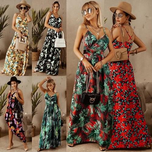 Sexy V-neck Backless Slimming Women Sling Floral Print Dress Bohemian Style Beach Casual Maxi Dresses Holiday Vacation Sundress