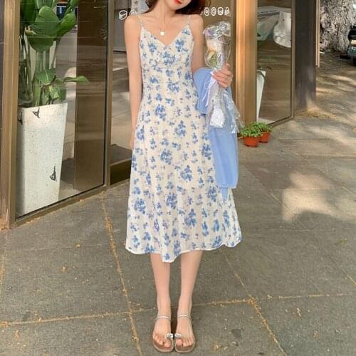 Elegant Floral Dress Women Korean V-Neck Summer French Retro Backless Strap Dress 2021 Beach Casual Y2k Party Fairy Midi Dress