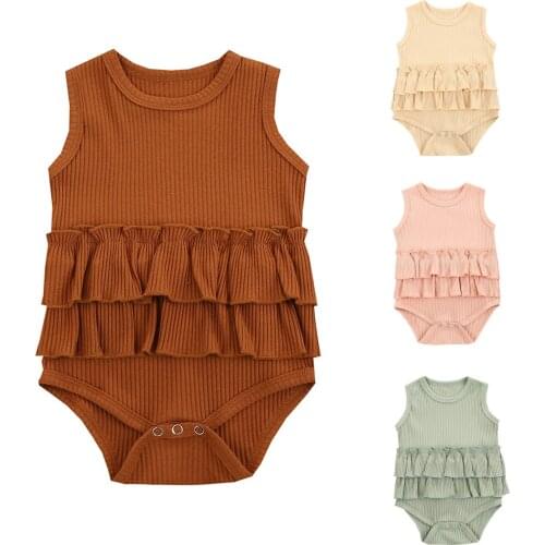 2021 New Summer 0-3Y Toddler Kid Baby Girl Dress-Style Double Ruffled Bodysuit Sleeveless Infant One-piece Solid Color 4 Colors