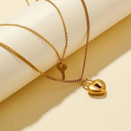 316L Fashion Street Stainless Steel Lock Key Lock Hip Hop Pendant Love Lock Double Necklace No Fade