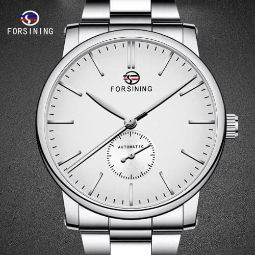 FORSINING Mens Clock Automatic Mechanical Watch Simple Luxury Full Steel Silver Design Male Clocks