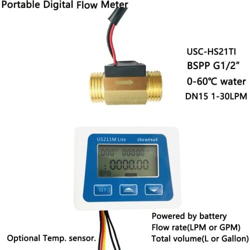 SS211M Lite Digital Flow Meter Brass Flow Sensor USC-HS21TI 1-30L/min Flow Water Sensor Powered by AAA Battery Portable Isentr