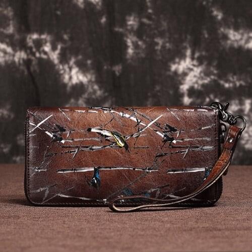 Genuine Leather Long Clutch Handy Zipper Bag Vintage Printing Money Clips Wrist Bags Female Multi-Cards Women Wallets Purse