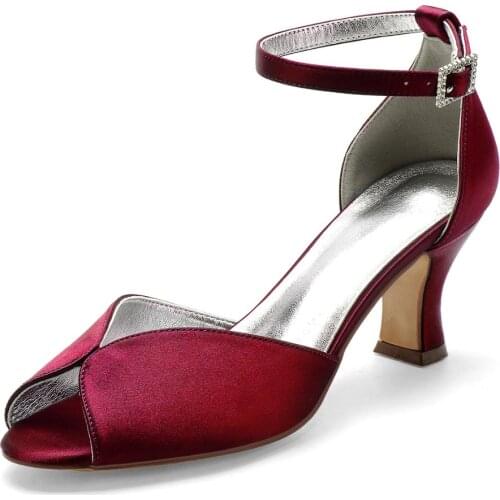 Elegant Hoof kitten block heel lady satin evening dress shoes peep open toe ankle strap bridal wedding prom party thick heels