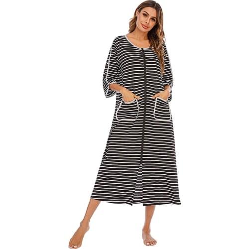Robes Women Zipper Sleepwear 3/4 Sleeve Housecoat Full Length Ladies Stripe Loungewear with Pockets S-XXL