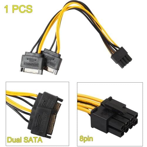 20cm 2 15Pin SATA Male to PCI-e 8Pin (6+2) Male Video Card Power Cable 8PIN to 15PIN Converter Cord Wire for Multi-graphics Card