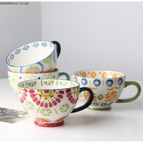Creative Hand-painted Ceramic Cup Large Capacity Breakfast Oatmeal Cup Dessert Salad Cup Home Tea Cup Tableware Supplies