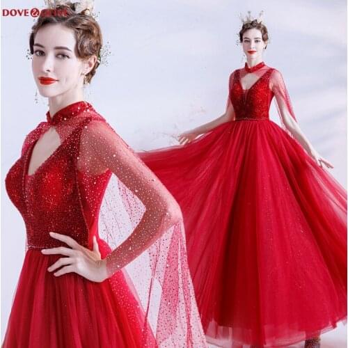 Red Prom Dresses Beaded Crystal With Cape A Line Floor Length V Neck Spaghetti Strap Evening Gowns Formal Party Women Special