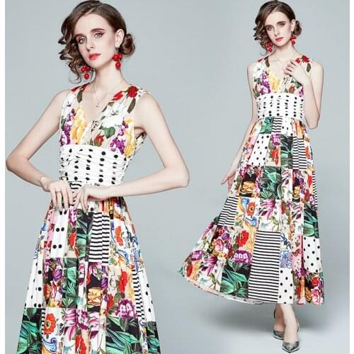 Menahem 2021 Summer Beach Floral Maxi Dress Womens Sleeveless V Neck Gorgeous Flower Dot Printed Plaid Long Party Vestido S-XXL