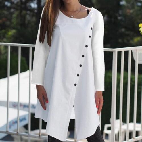 Fashion Multi-Button Asymmetrical Long Tops Women O-Neck Solid Colors Split Long T-shirts Spring Autumn Plus Size Casual Tunic
