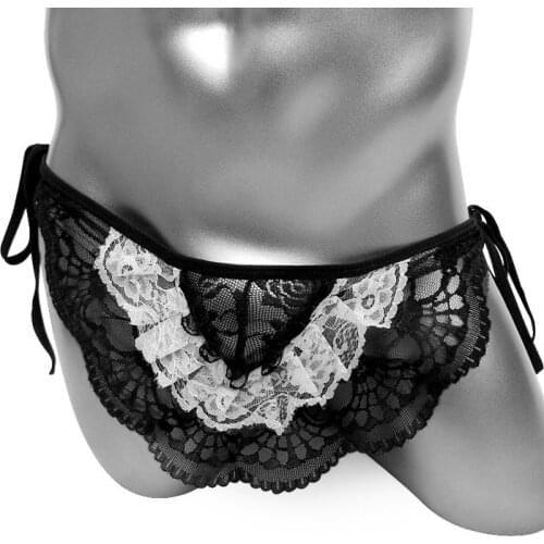 Open Crotch Mens Panties Floral Lace Work Sissy Thong Lace-Up Sexy Lingerie Gay G Strings Underwear Male Underpants