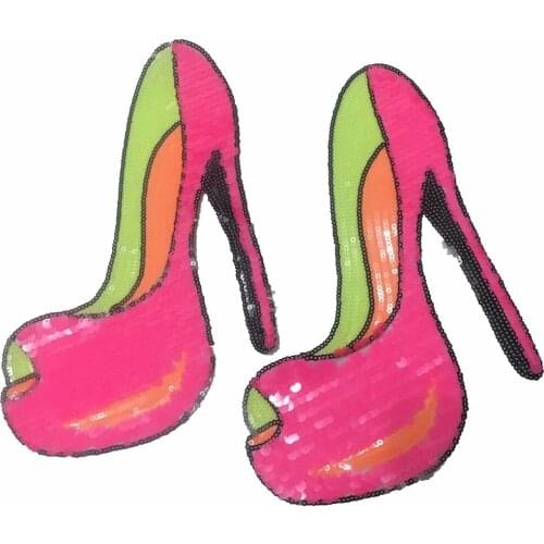 Neon Pink High-heeled shoes Patches for Clothes T-shirt Iron on Sequins Patches Fabric Embroidery Appliques Decoration Patches