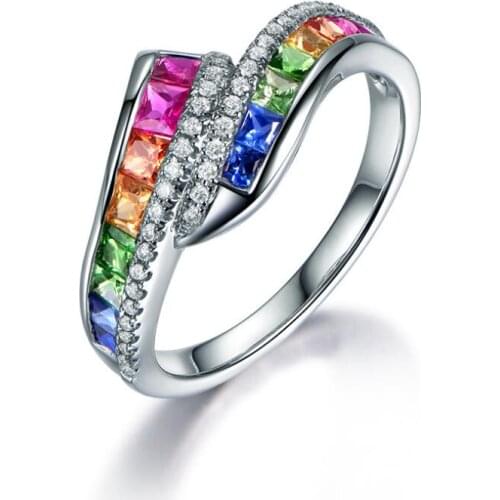 Milangirl New Trendy Ladies White Filled Multicolor Rainbow AAA Zircon Elegant Ring Wedding Engagement Rings Jewelry
