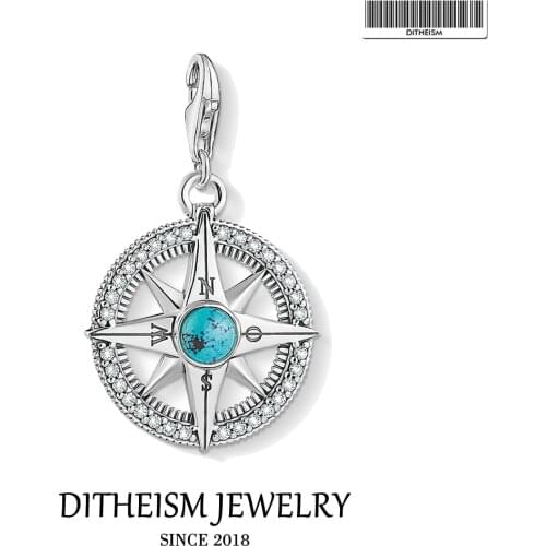 Charms Pendant Compass 925 Sterling Silver With Turquoise Fit Bracelet & Necklace 2021 Brand New Vintage Fine Jewelry Accessorie