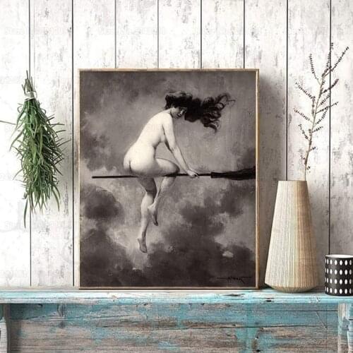 Witch on Broom Departure for The Sabbath Print Poster Albert Joseph Penot Canvas Painting Wall Art Decor